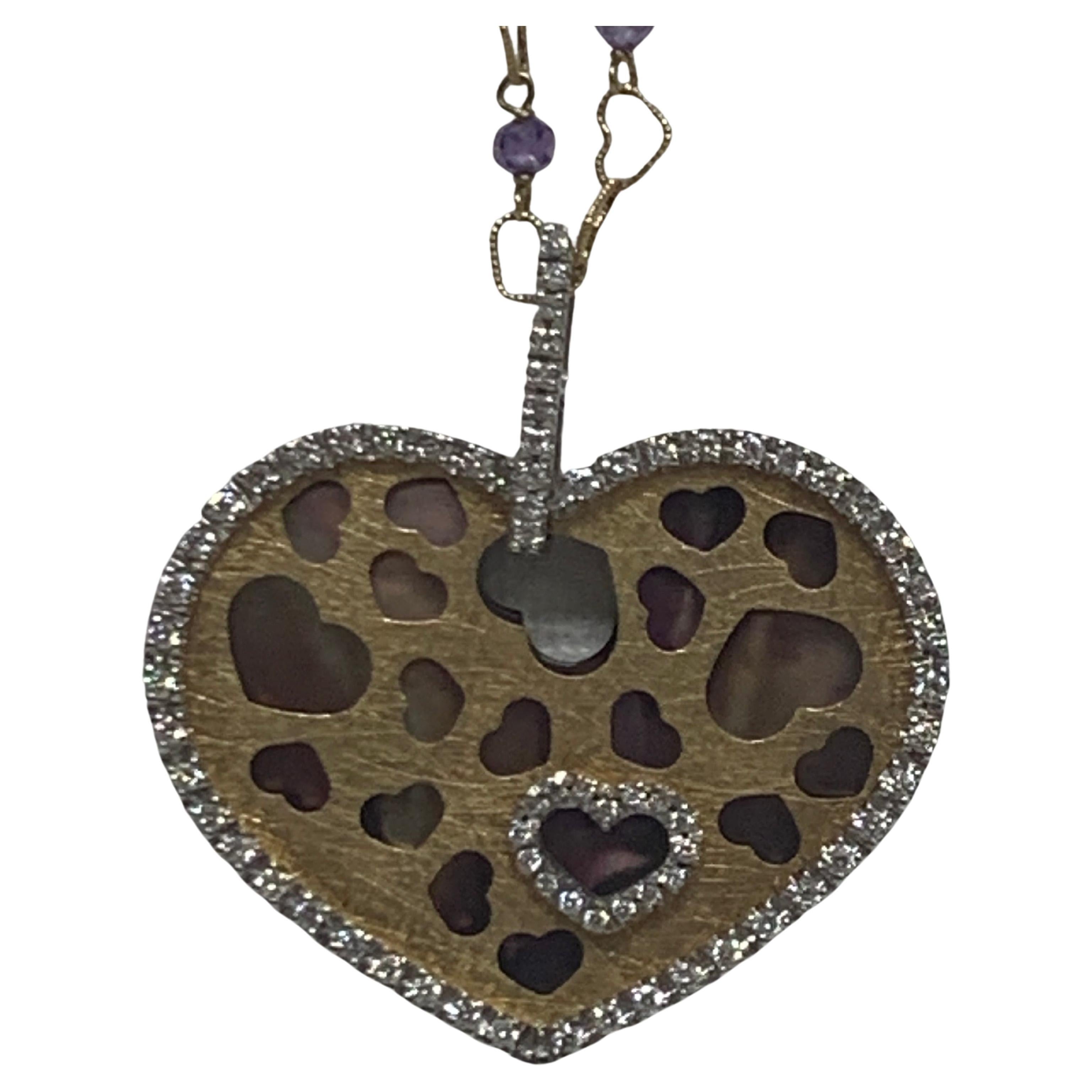 Modern Pavé Diamond, Mother of Pearl, Nanis Heart Necklace For Sale