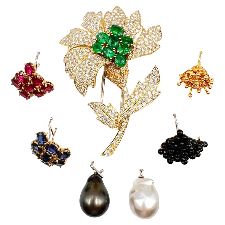 Pavé Diamond Multi-Gemstone Floral Brooch For Sale at 1stDibs
