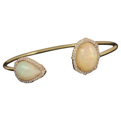 Pave Diamond Natural Ethiopian Opal Adjustable Bangle Bracelet 14k Gold Bracelet