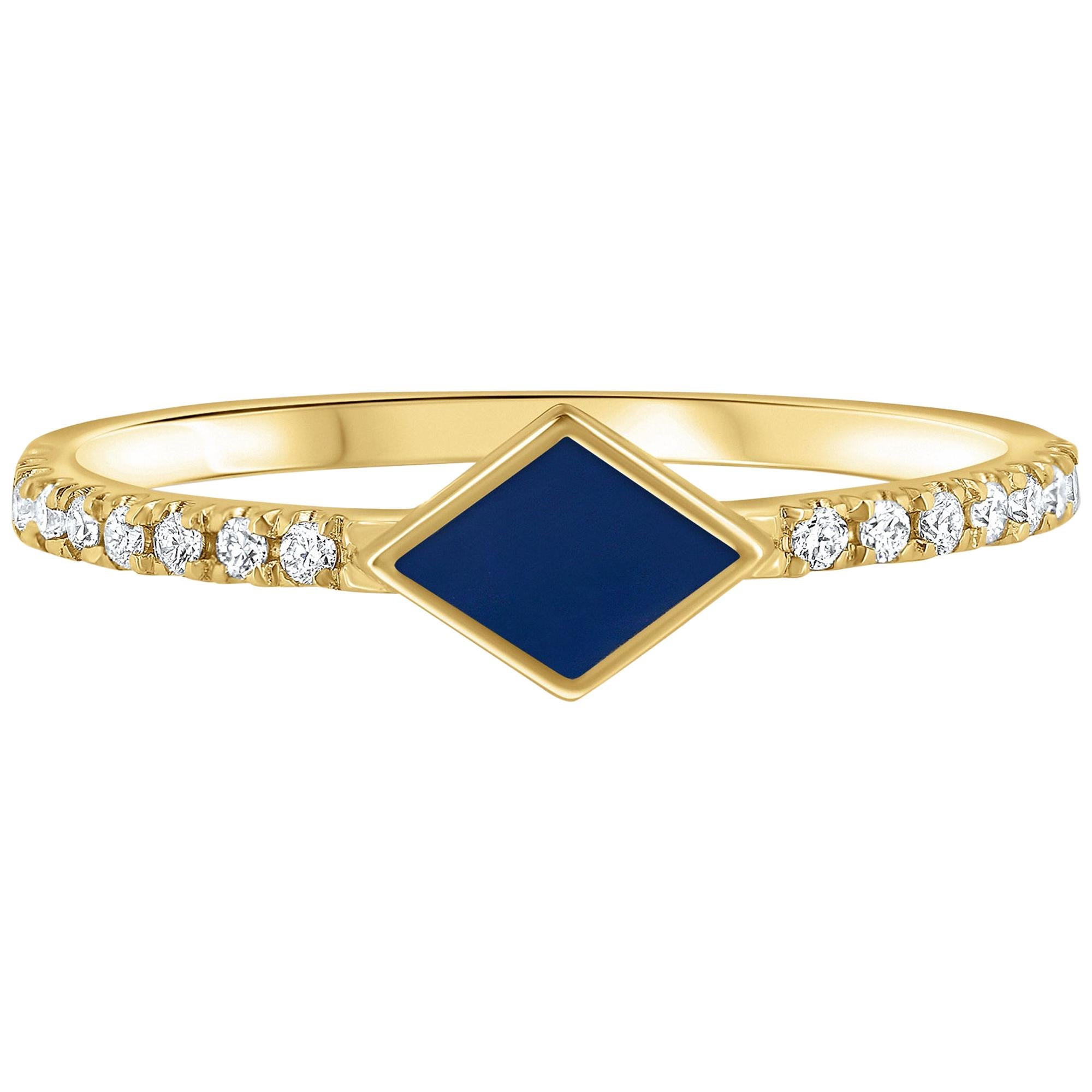 Pave Diamond Navy Blue Enamel Rhombus Ring in 14K Yellow Gold, Shlomit Rogel