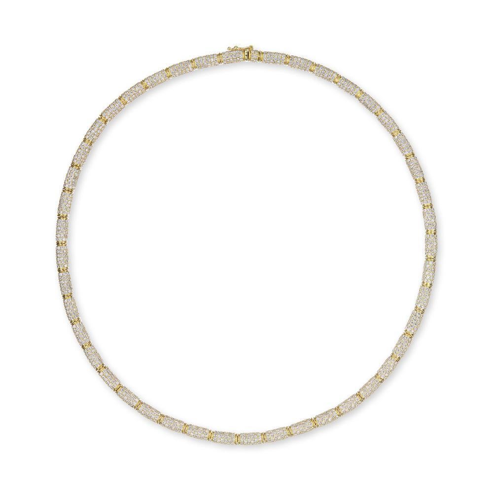18k Yellow Gold 15.86ct Pave Diamond Necklace

Beautiful 18K Yellow gold pave diamonds necklace 4mm wide And 18
Inches long. its has 1551 round brilliant cut diamond E,F color / Vs1
clarity.
Item: # 02919
Metal: 18k Y
Diamond Weight: 15.86 ct.