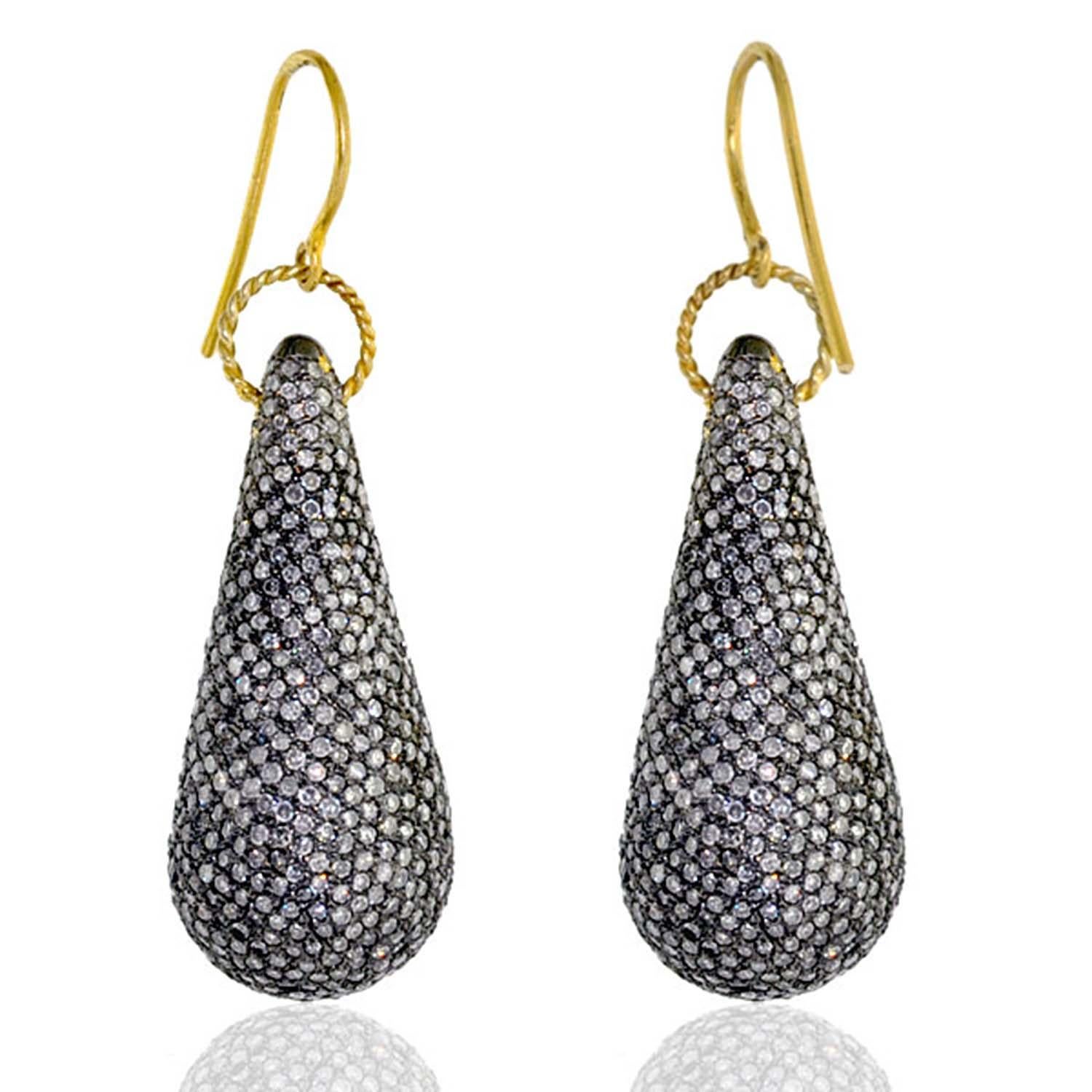 Art Deco Pave Diamond Nugget Shaped Dangle Earrings In 14k yellow Gold For Sale