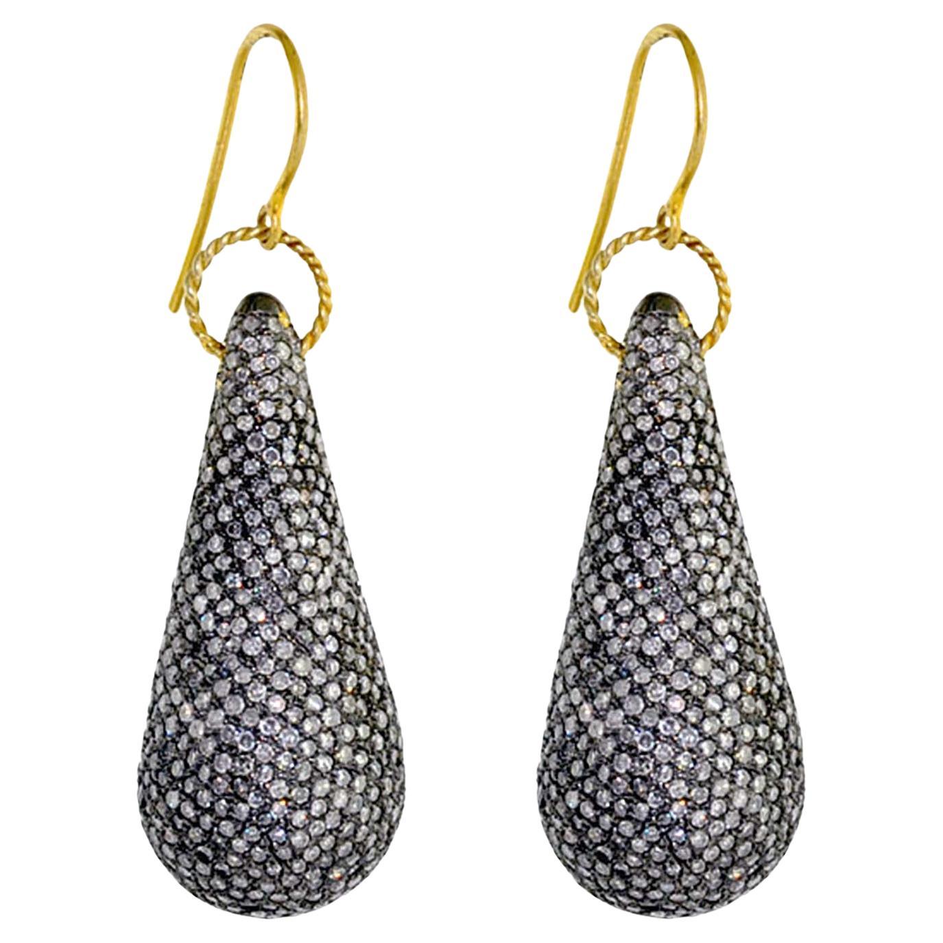 Pave Diamond Nugget Shaped Dangle Earrings In 14k yellow Gold For Sale