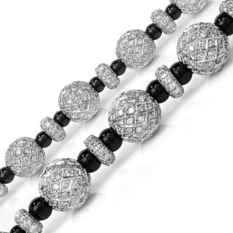 Pave Diamond Onyx Platinum Bead Necklace For Sale at 1stdibs