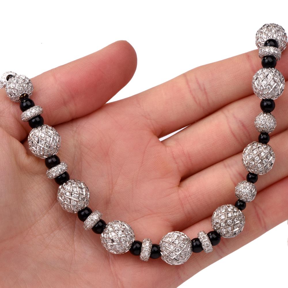 Round Cut Pave Diamond Onyx Platinum Bead Necklace