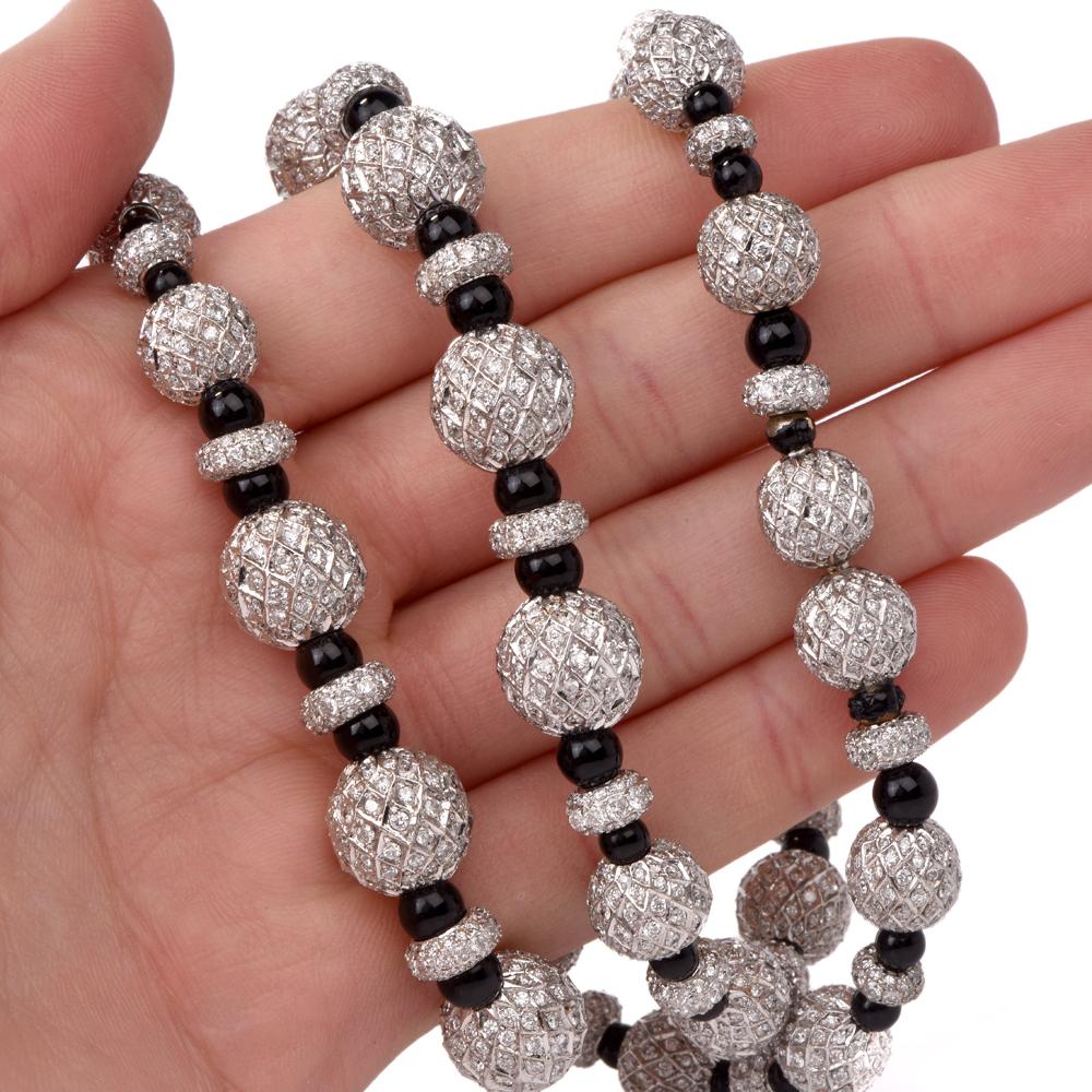 Pave Diamond Onyx Platinum Bead Necklace In Excellent Condition In Miami, FL
