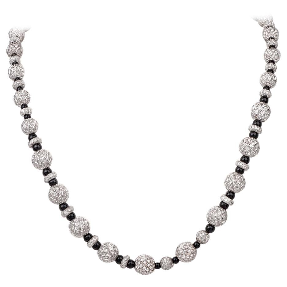 Pave Diamond Onyx Platinum Bead Necklace