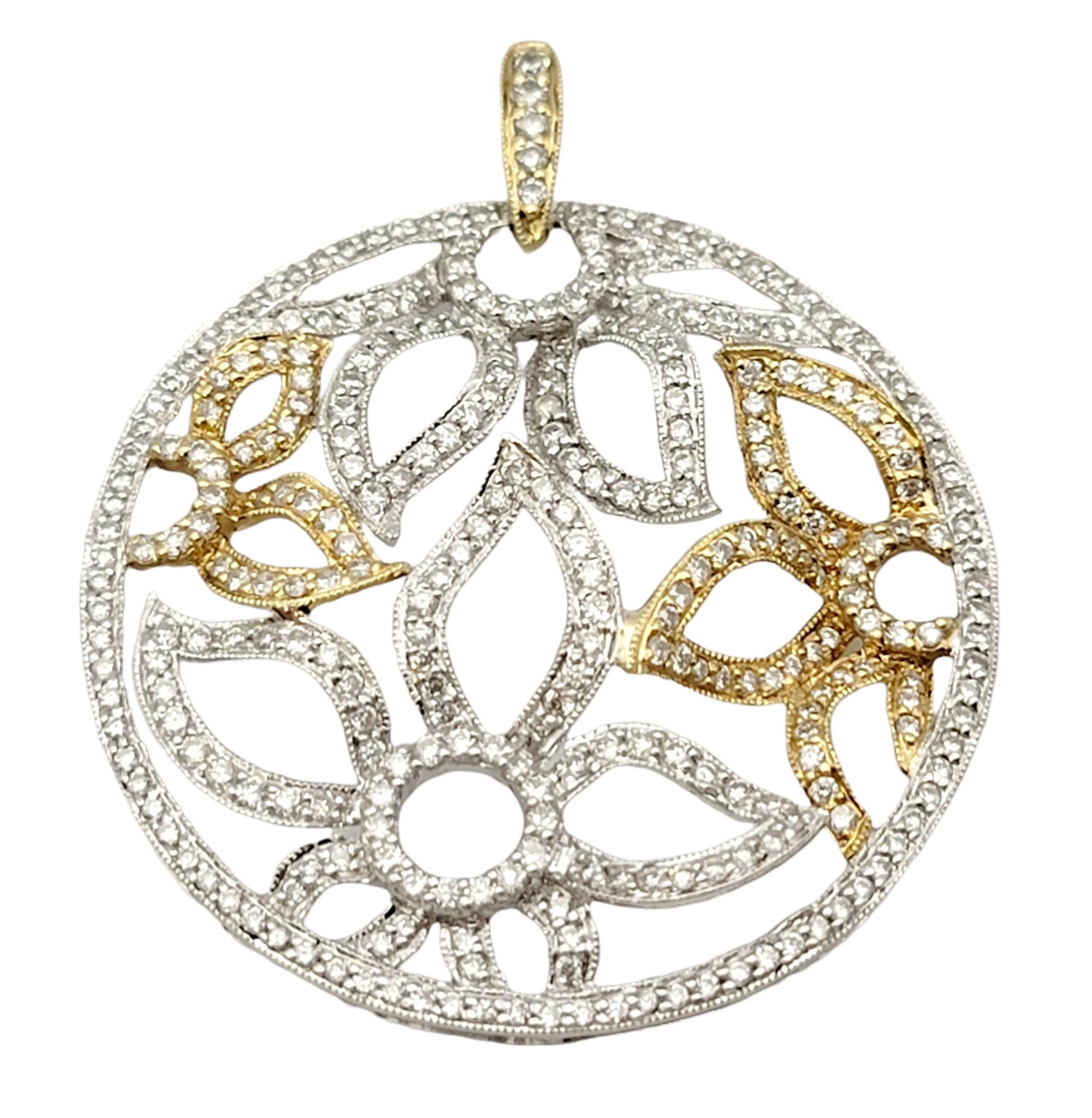 Contemporary Pave Diamond Open Floral Motif Disc Round Pendant in 14 Karat Two Tone Gold For Sale