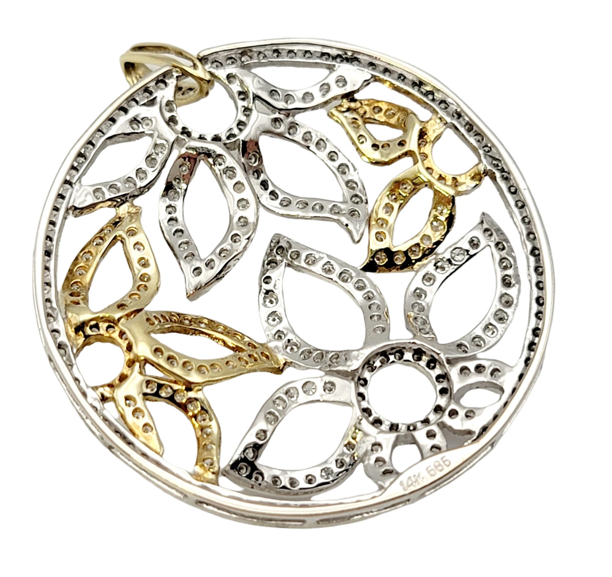 Round Cut Pave Diamond Open Floral Motif Disc Round Pendant in 14 Karat Two Tone Gold For Sale