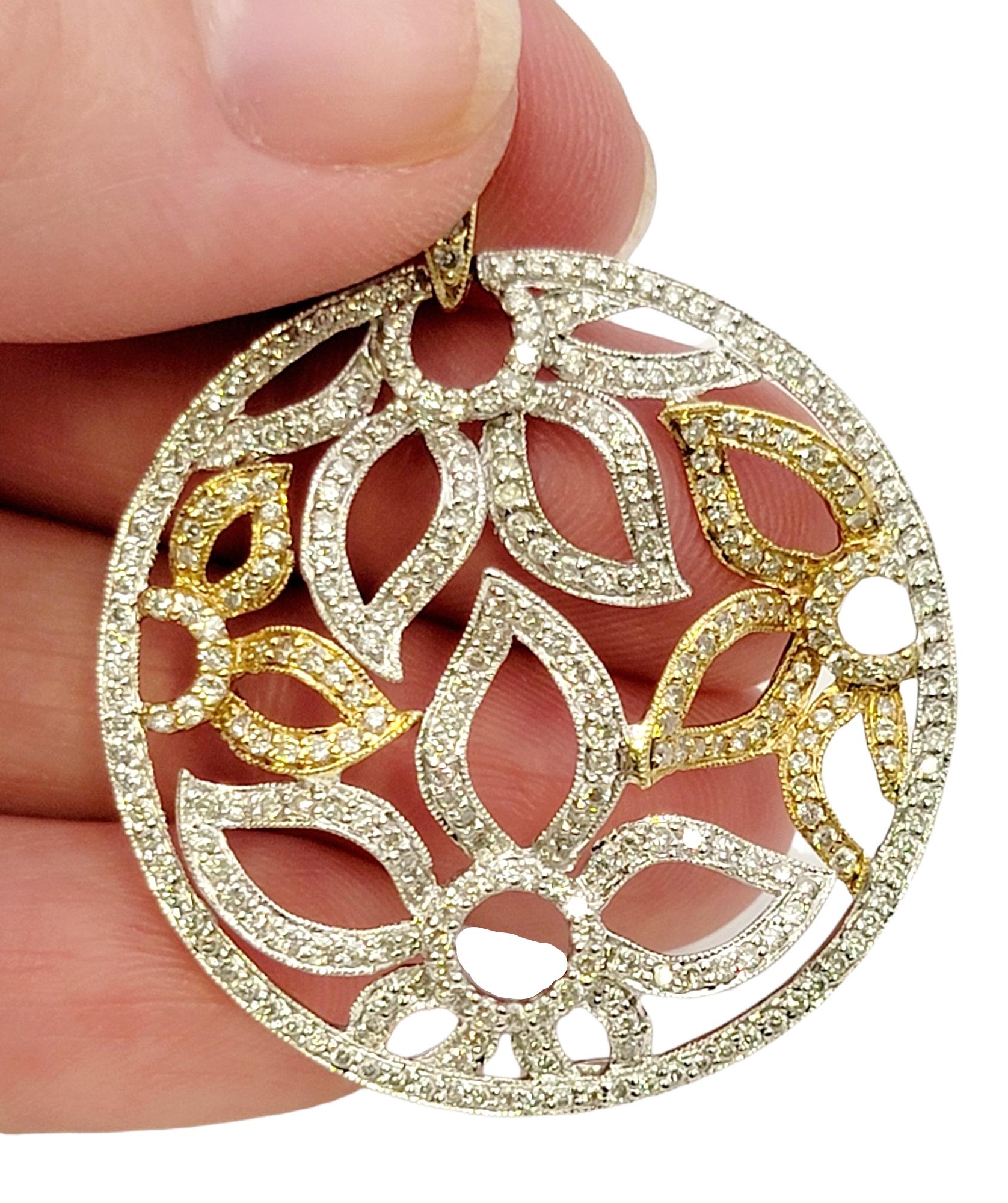 Women's Pave Diamond Open Floral Motif Disc Round Pendant in 14 Karat Two Tone Gold For Sale
