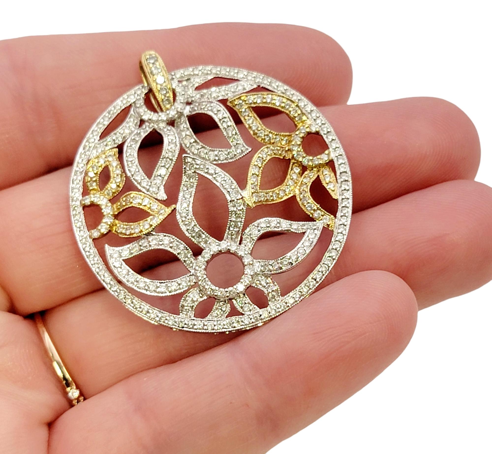 Pave Diamond Open Floral Motif Disc Round Pendant in 14 Karat Two Tone Gold For Sale 1