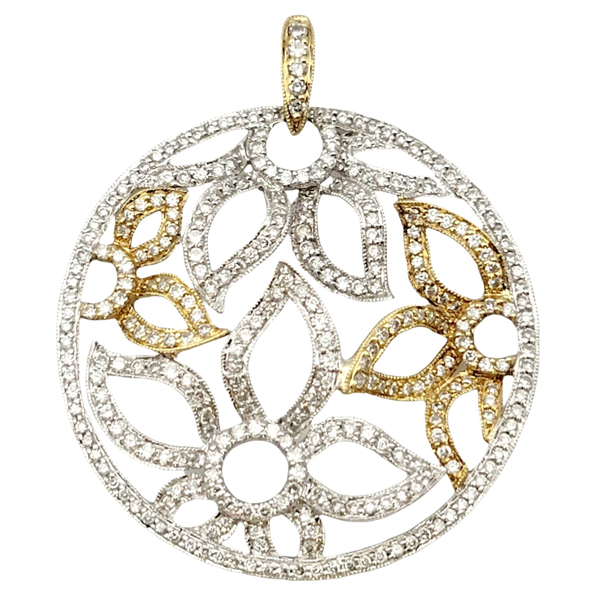 Pave Diamond Open Floral Motif Disc Round Pendant in 14 Karat Two Tone Gold For Sale