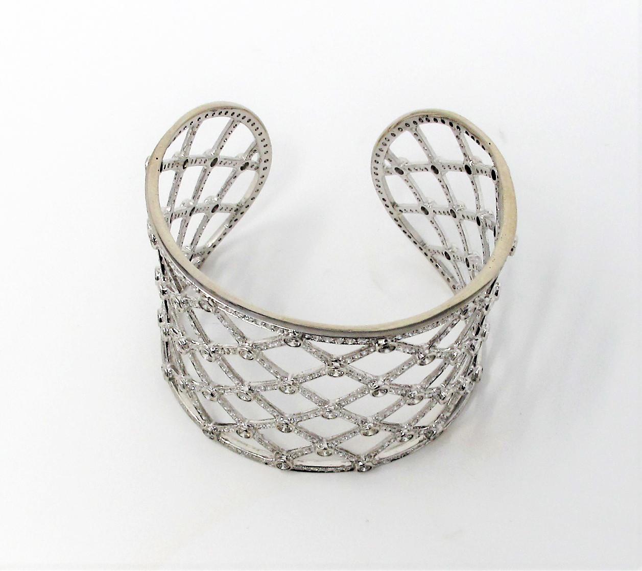 Pave Diamond Open Lattice Wide Cuff Bracelet 13.32 Carat 14 Karat White Gold In Good Condition In Scottsdale, AZ