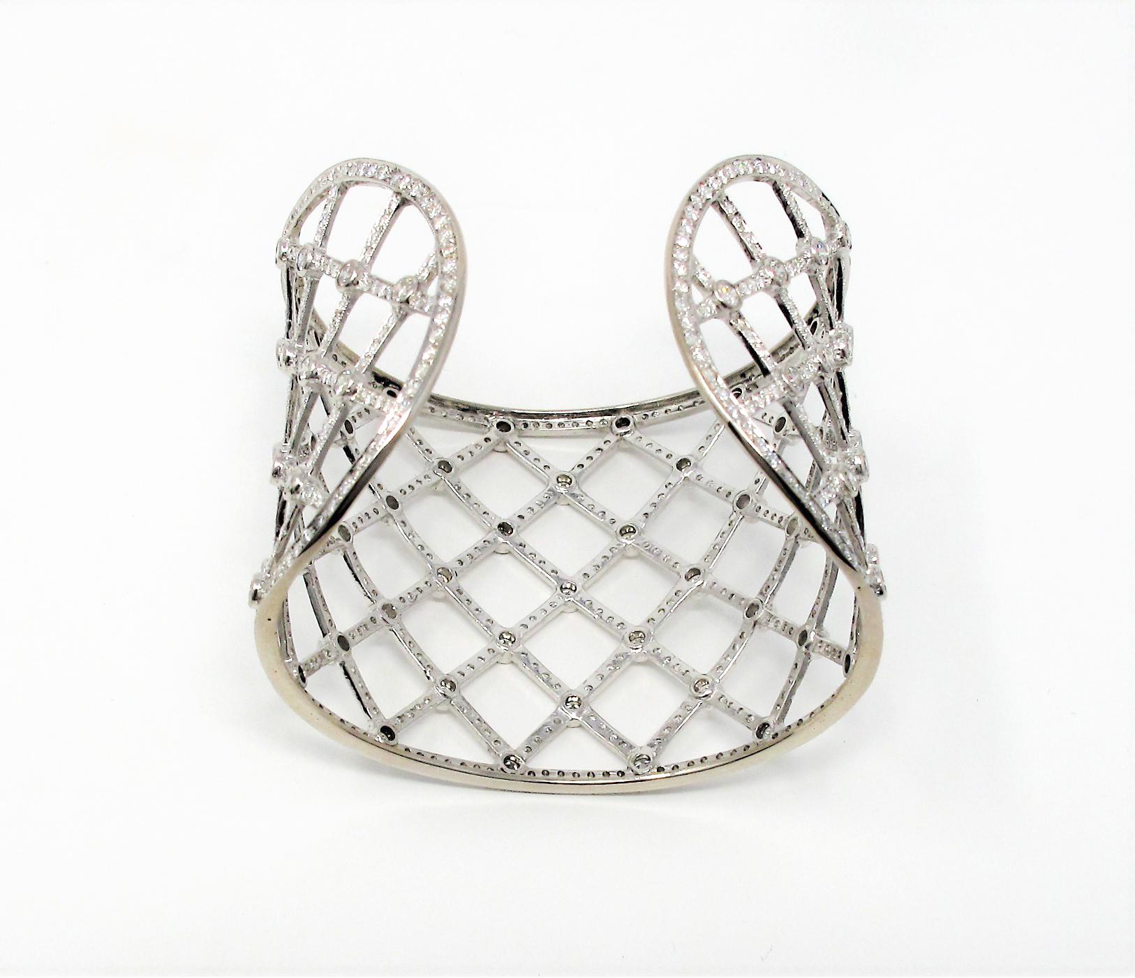 Pave Diamond Open Lattice Wide Cuff Bracelet 13.32 Carat 14 Karat White Gold 2