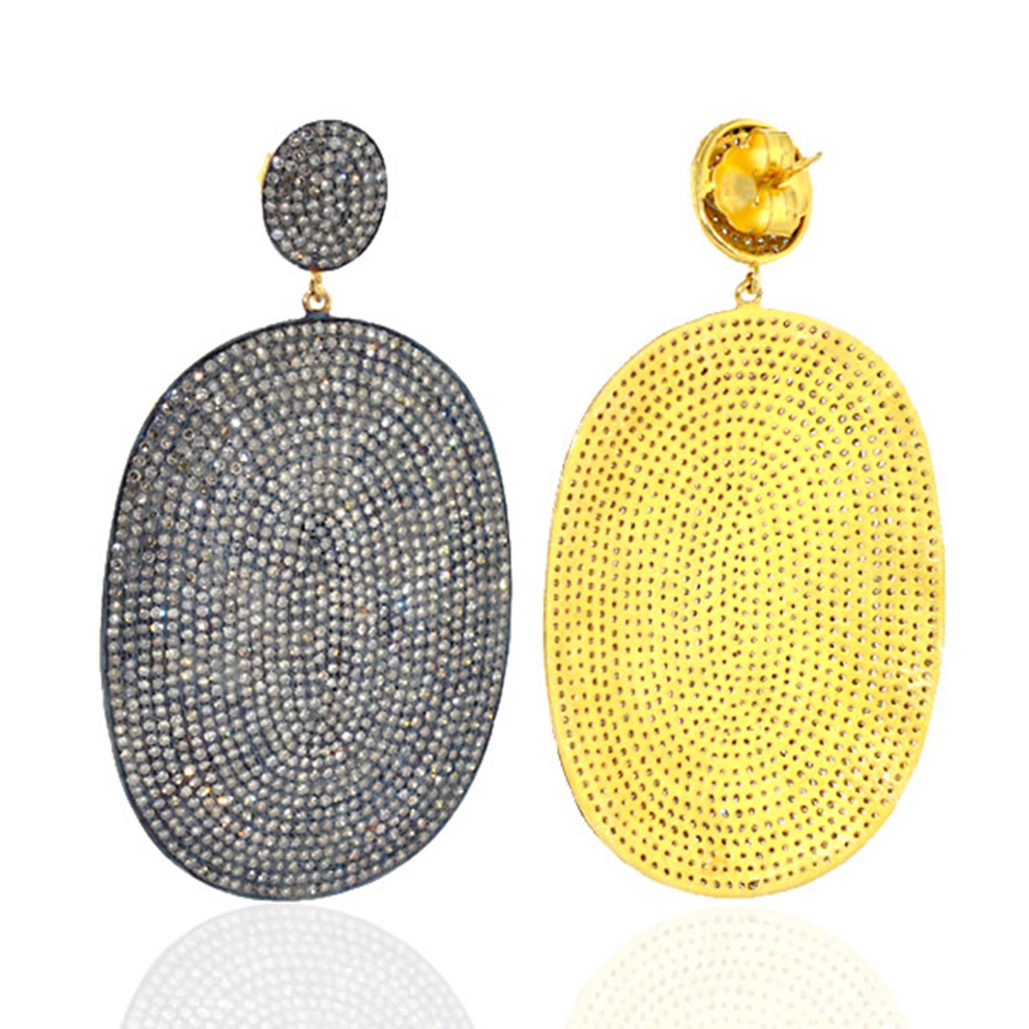 Art Deco Pave Diamond Oval Disc Dangle Earrings Made In 18k yellow Gold For Sale