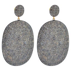 Pave Diamond Oval Disc Dangle Earrings Made In 18k yellow Gold