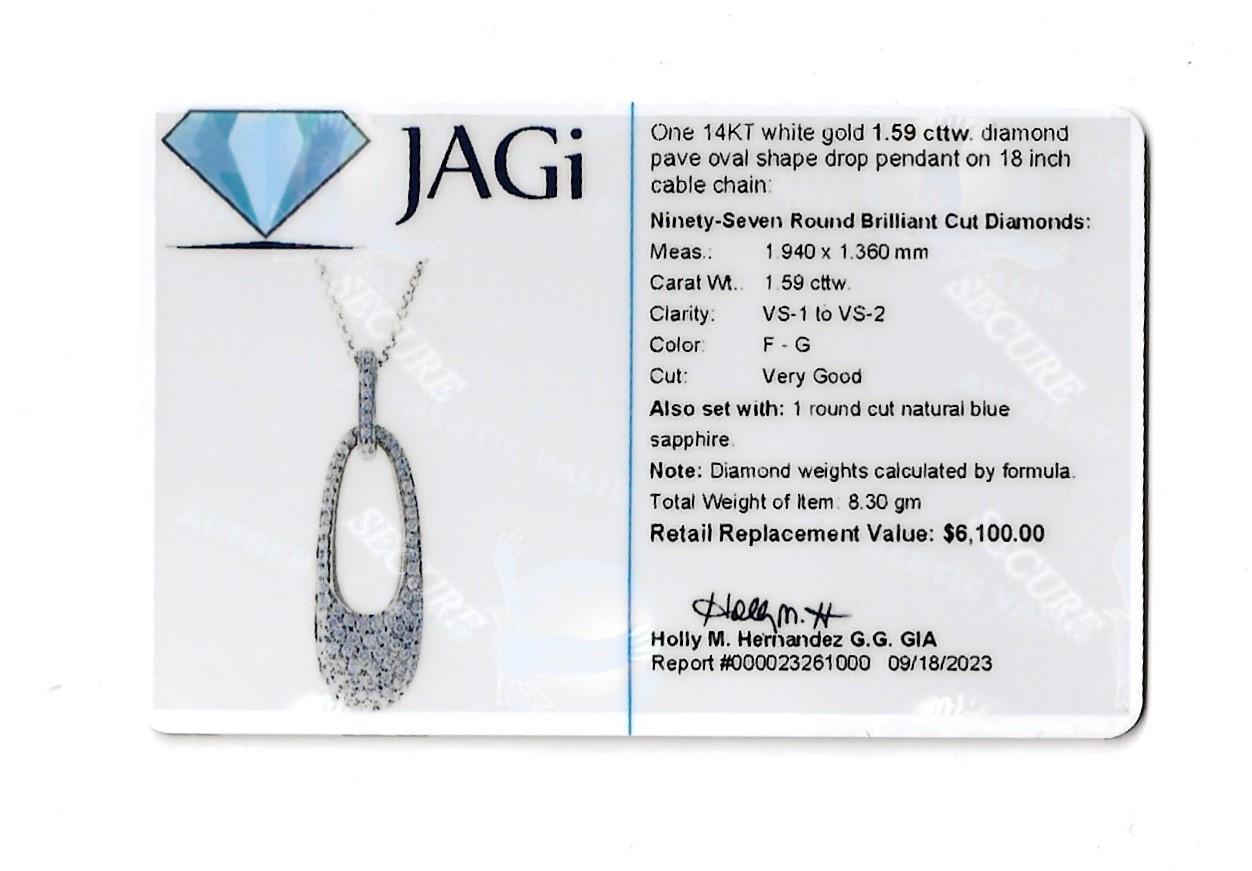 Women's Pavé Diamond Oval Shaped Drop Pendant with Cable Chain in 14 Karat White Gold For Sale