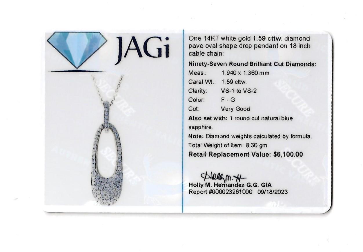 Pendentif en or blanc 14 carats avec pendentif ovale en pavé de diamants et chaîne en câble Pour femmes en vente