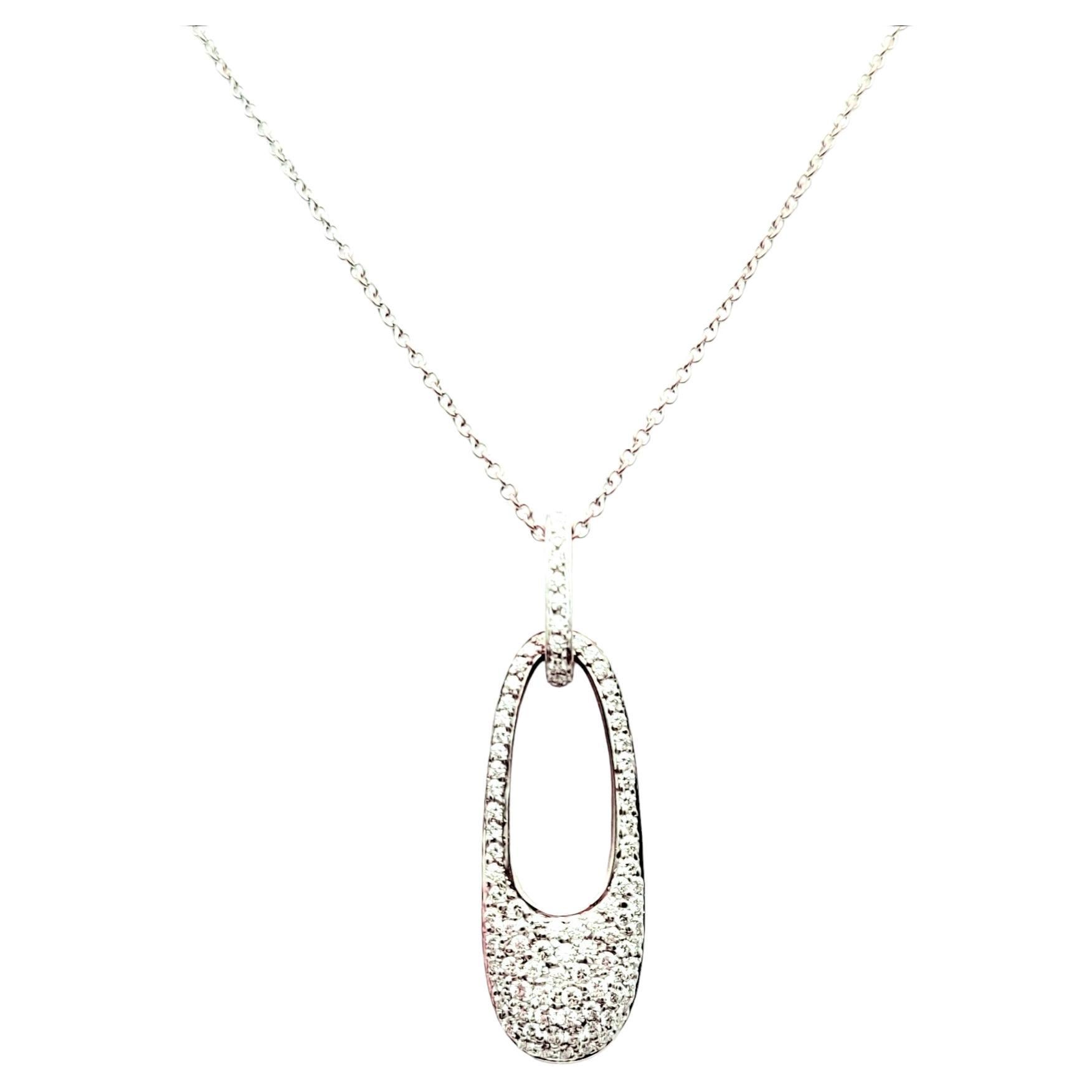 Pavé Diamond Oval Shaped Drop Pendant with Cable Chain in 14 Karat White Gold For Sale