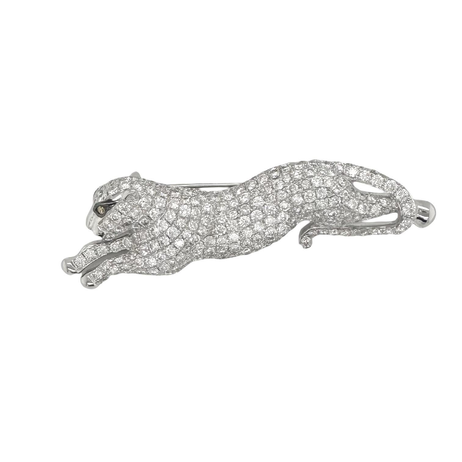 Round Cut Pave Diamond Panther Brooch/Pin in 18k White Gold, 7.34 TCW For Sale