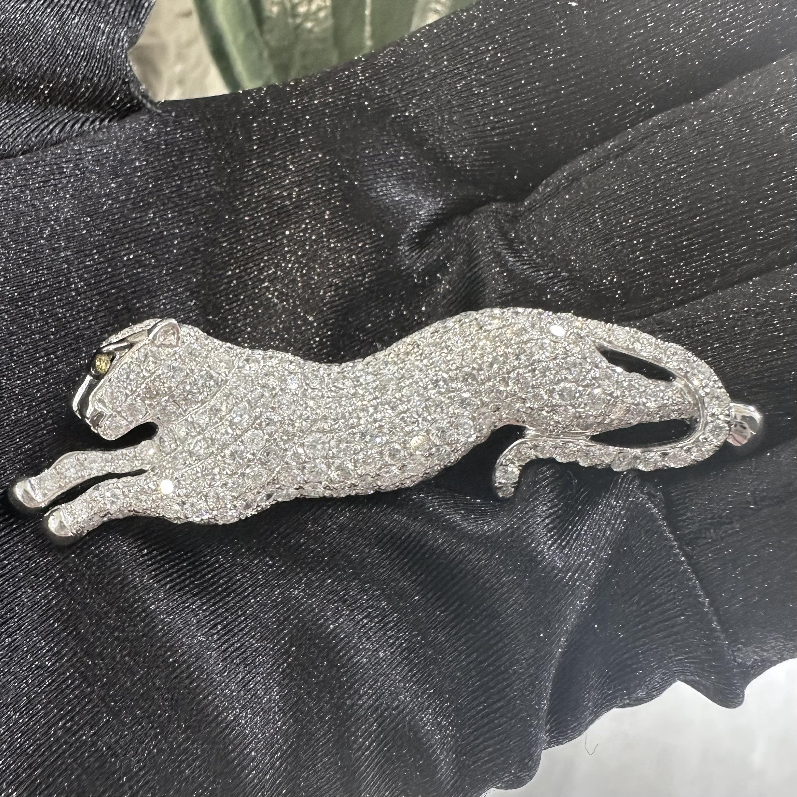 Pave Diamond Panther Brooch/Pin in 18k White Gold, 7.34 TCW In Excellent Condition For Sale In Miami, FL