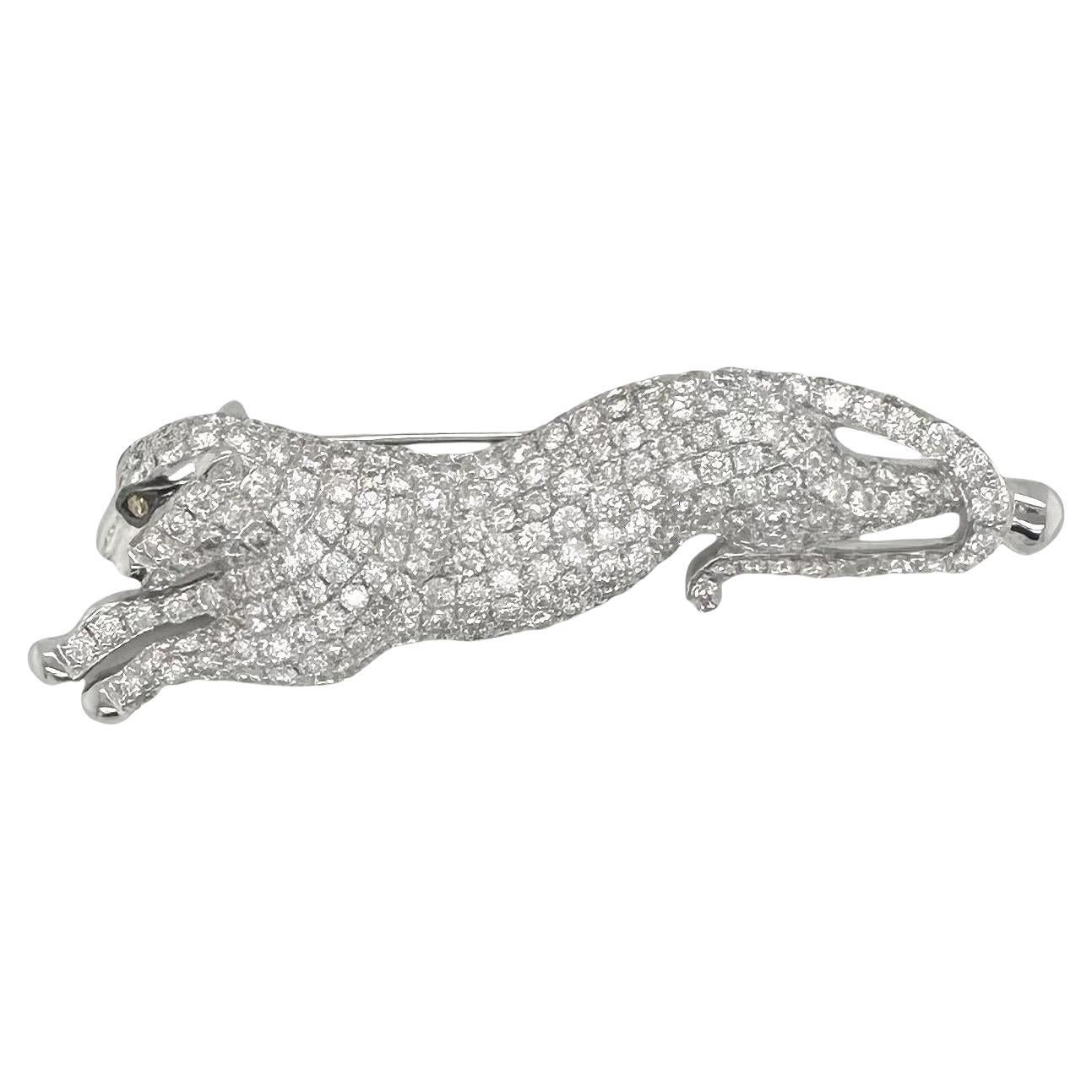 Pave Diamond Panther Brooch/Pin in 18k White Gold, 7.34 TCW For Sale