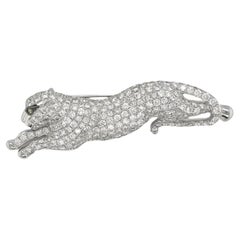 Pave Diamond Panther Brooch/Pin in 18k White Gold, 7.34 TCW
