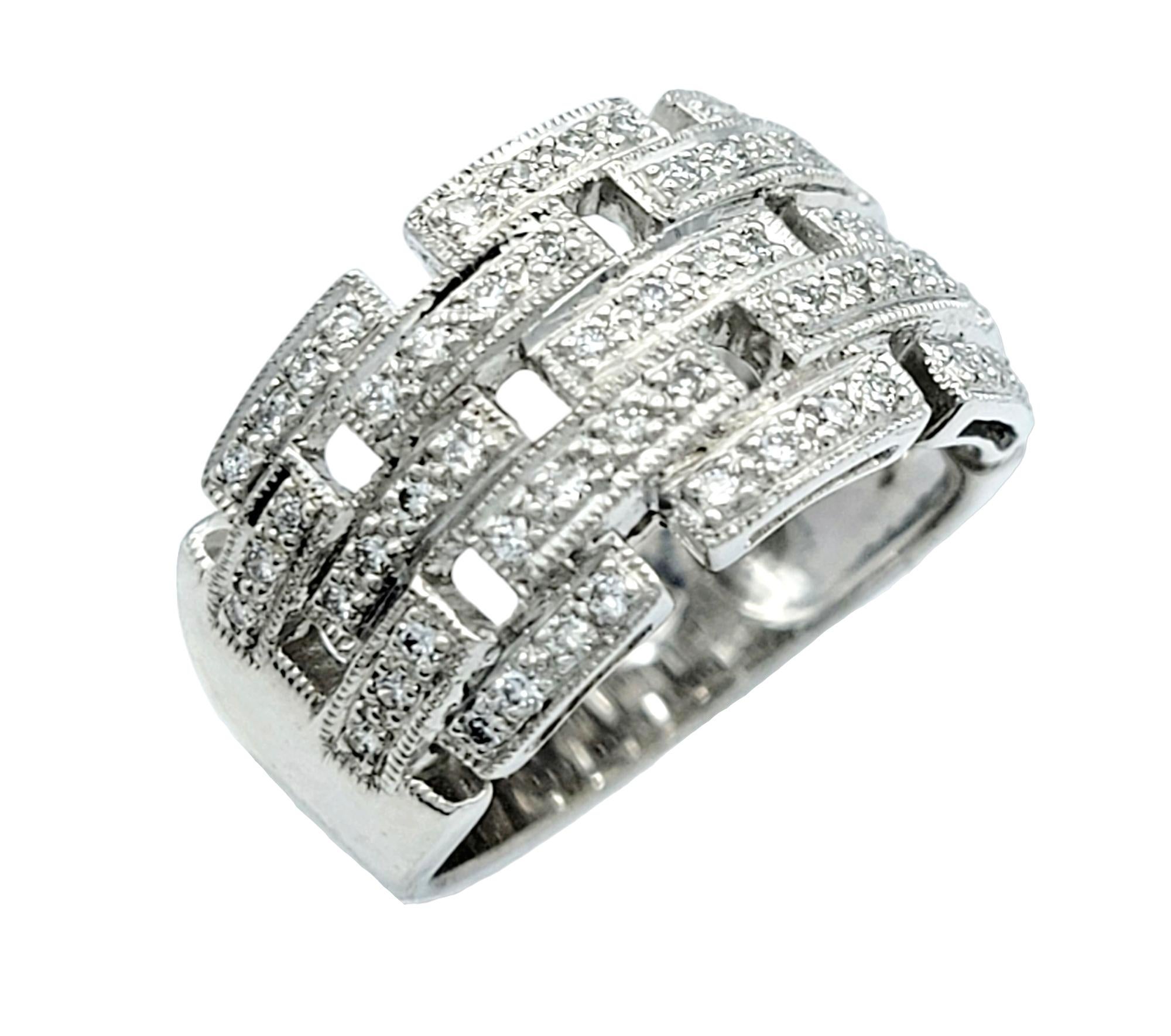 Contemporary Pave Diamond Panther Link Wide Band Ring in 18 Karat White Gold For Sale