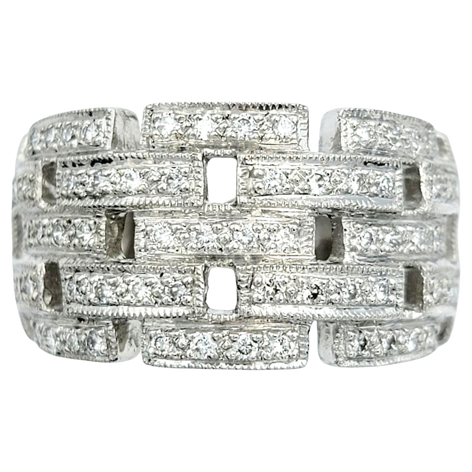 Pave Diamond Panther Link Wide Band Ring in 18 Karat White Gold For Sale