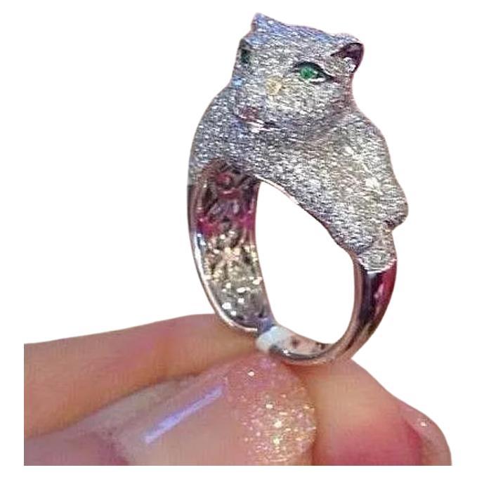 Pave Diamond Panther Ring 4.00 carat total weight in 18k White Gold For Sale