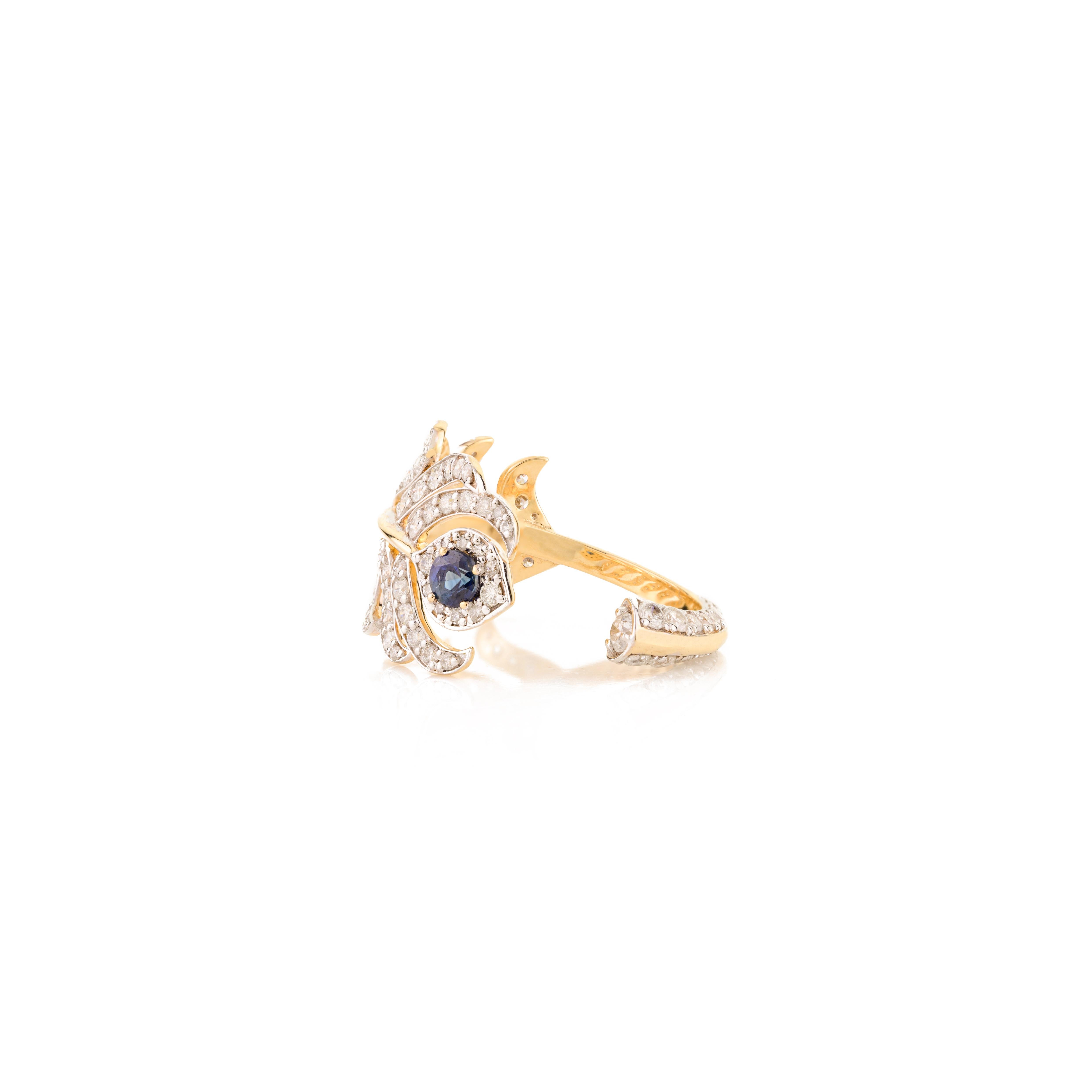For Sale:  Pave Diamond Peacock Feather Open Ring with Sapphire in 18k Solid Yellow Gold 3