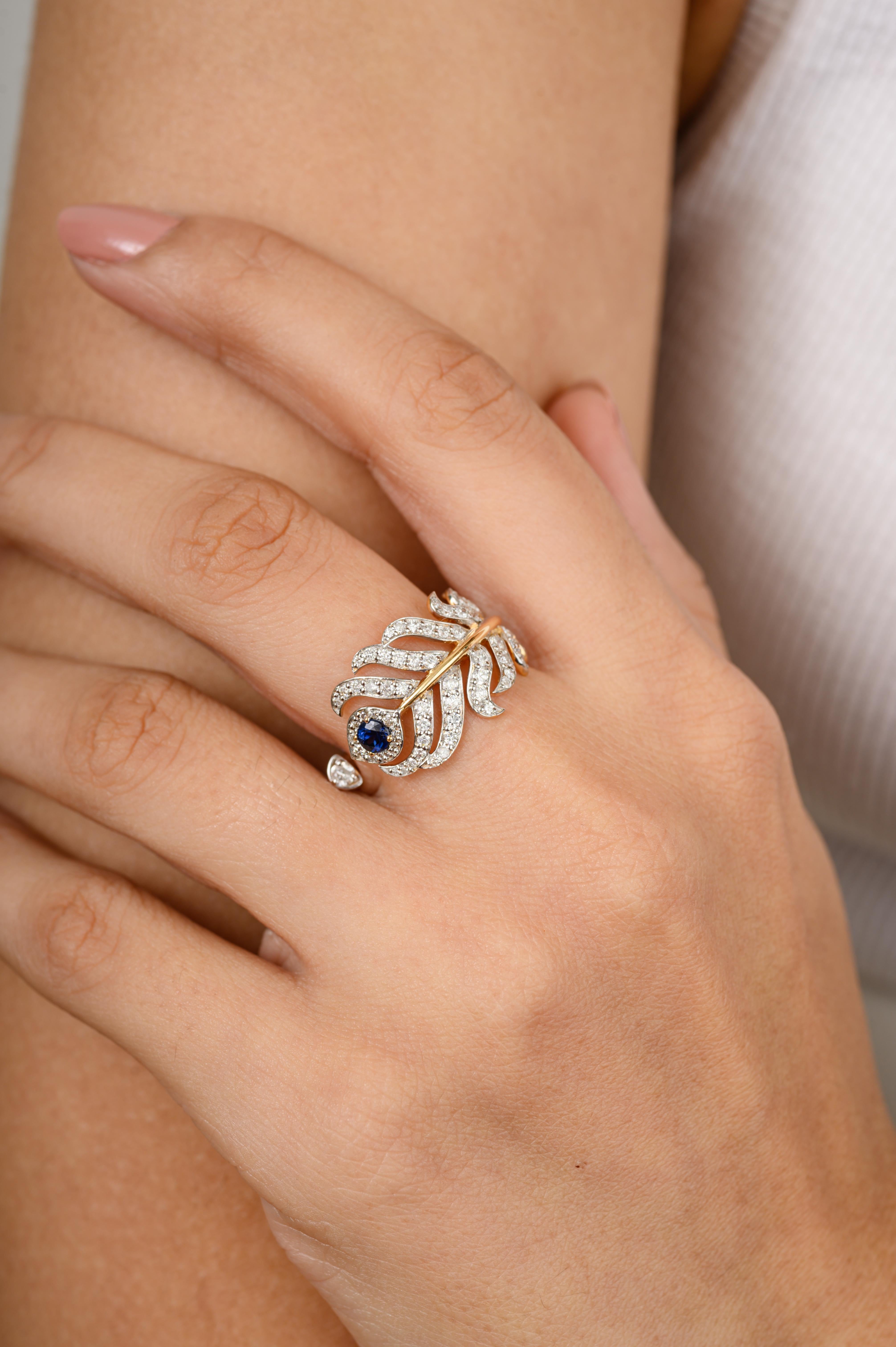 For Sale:  Pave Diamond Peacock Feather Open Ring with Sapphire in 18k Solid Yellow Gold 4