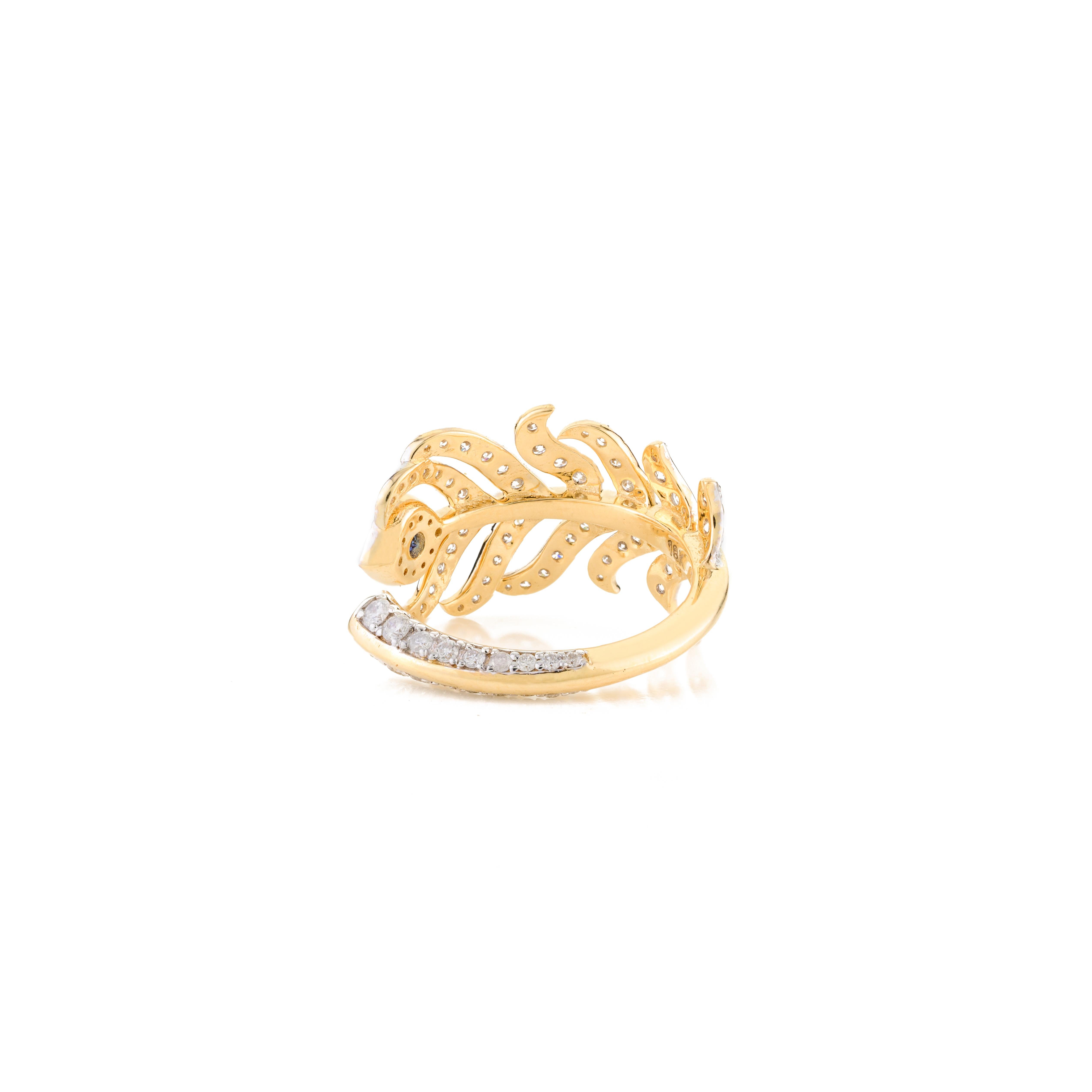 For Sale:  Pave Diamond Peacock Feather Open Ring with Sapphire in 18k Solid Yellow Gold 5