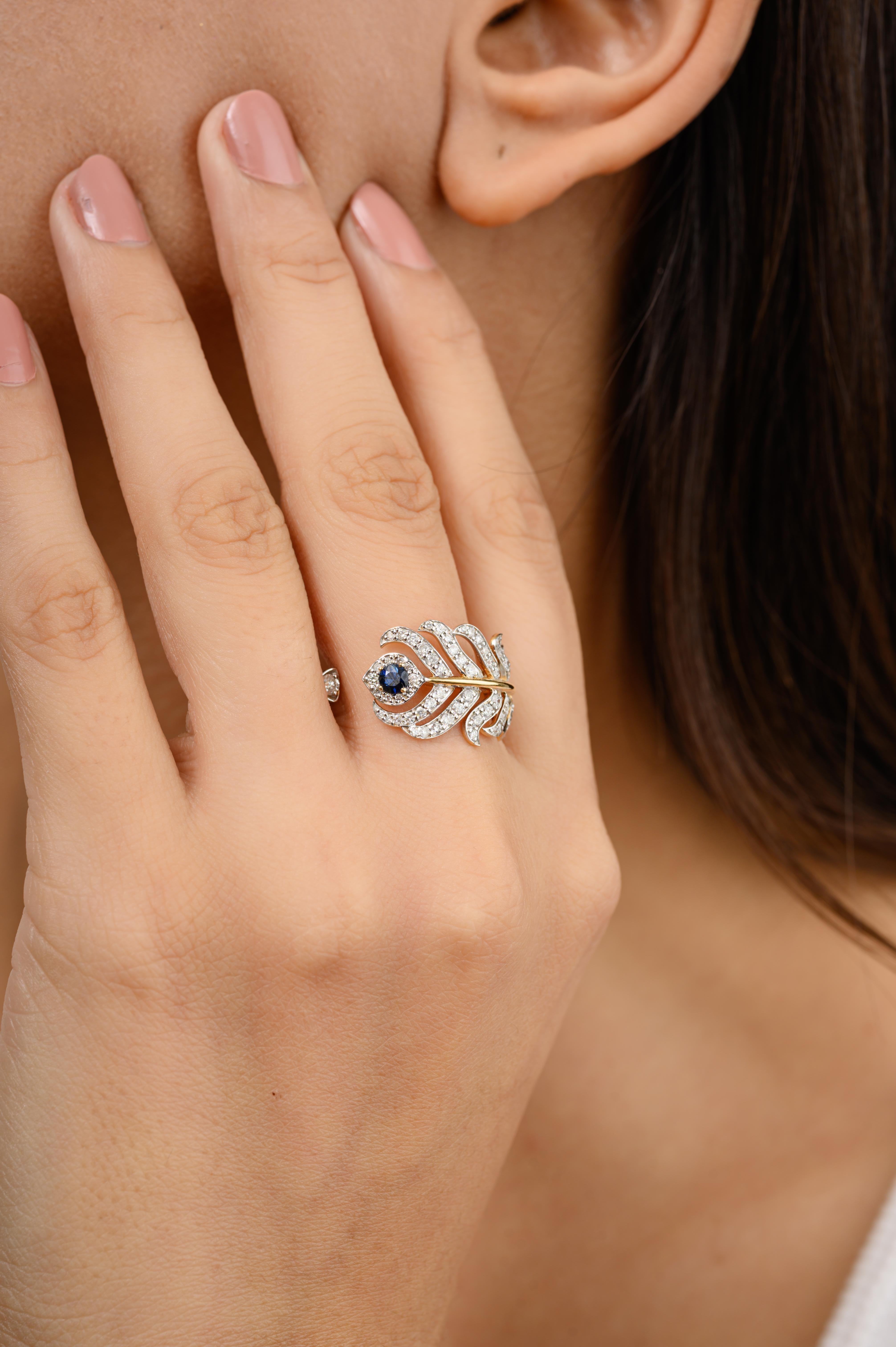 For Sale:  Pave Diamond Peacock Feather Open Ring with Sapphire in 18k Solid Yellow Gold 6