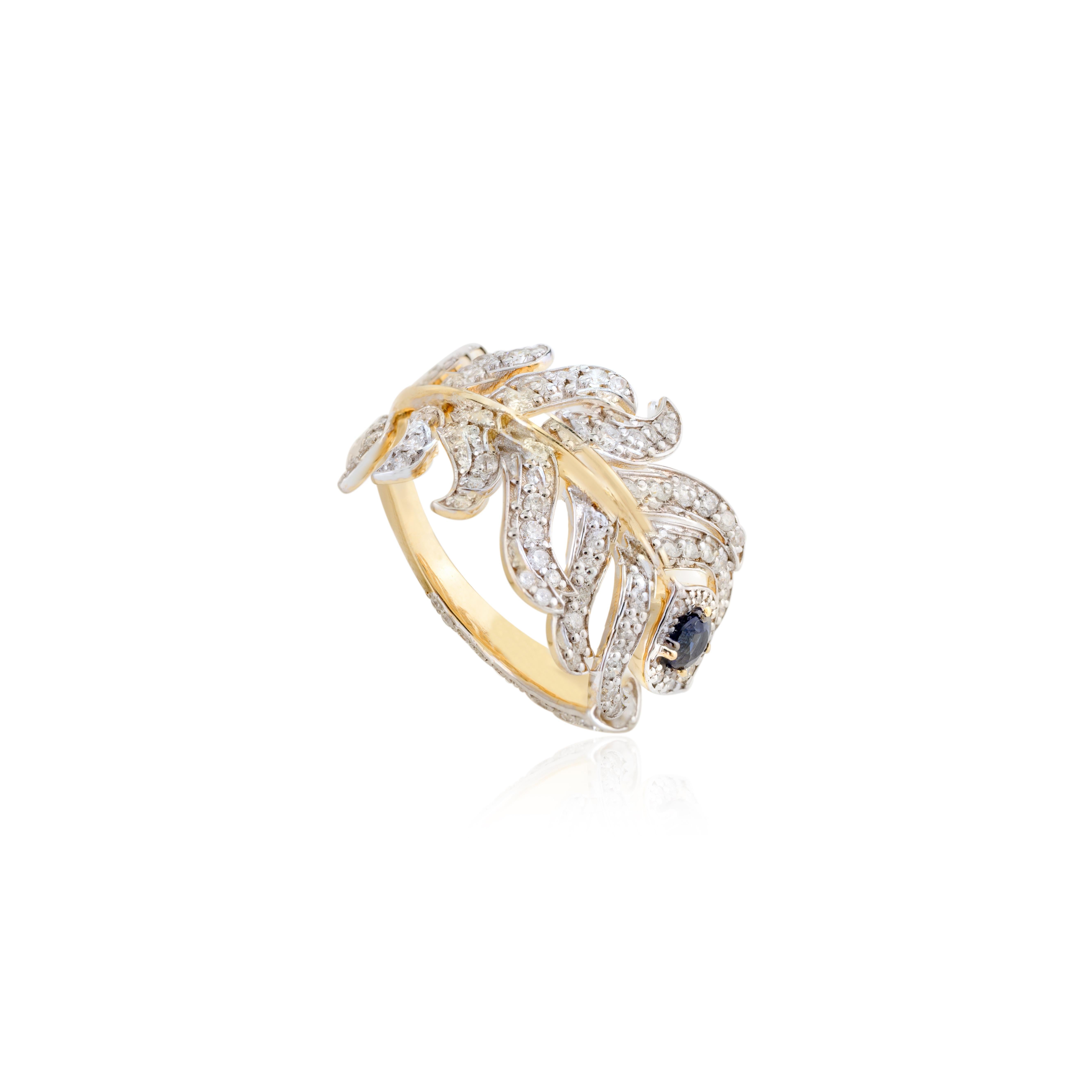 For Sale:  Pave Diamond Peacock Feather Open Ring with Sapphire in 18k Solid Yellow Gold 7