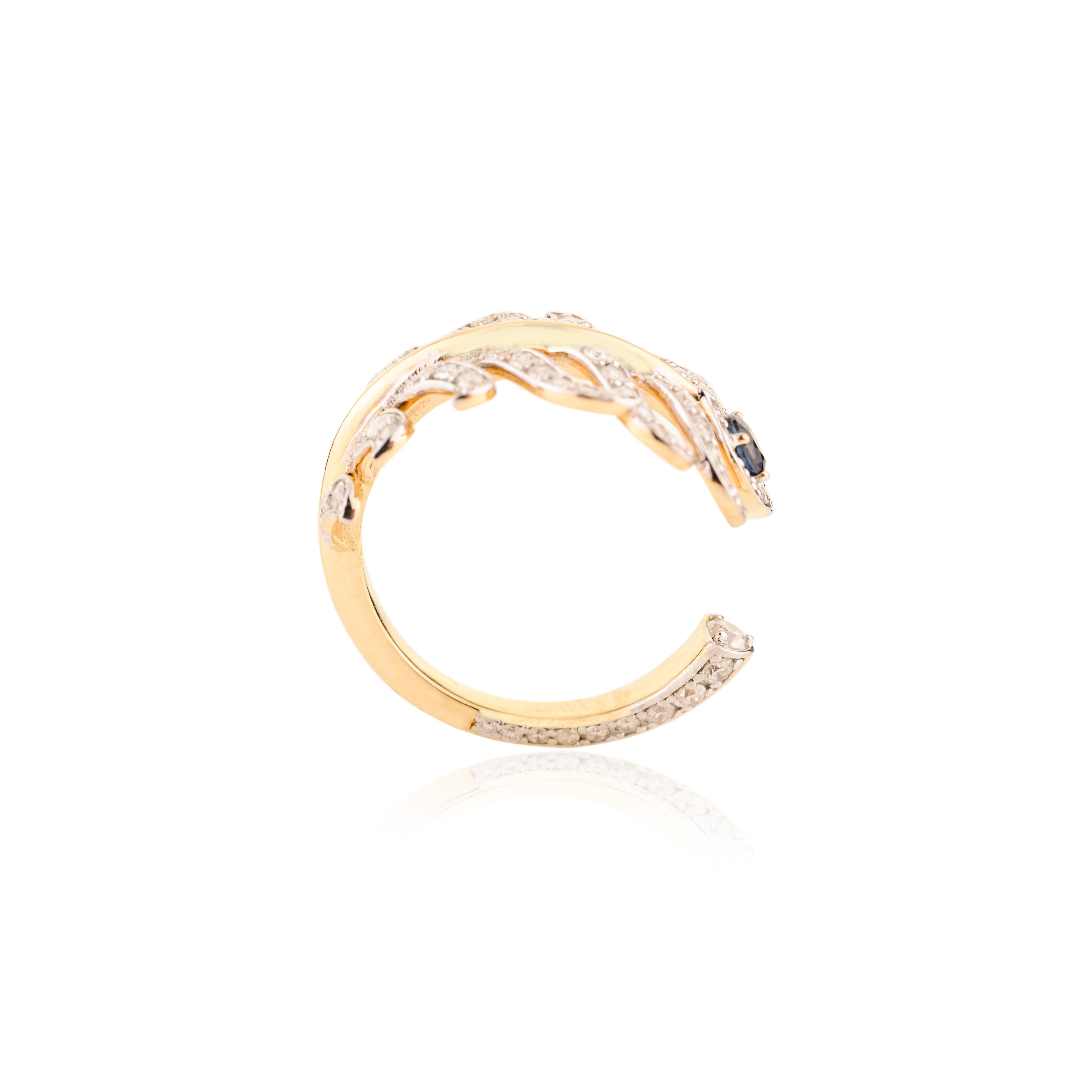 For Sale:  Pave Diamond Peacock Feather Open Ring with Sapphire in 18k Solid Yellow Gold 8