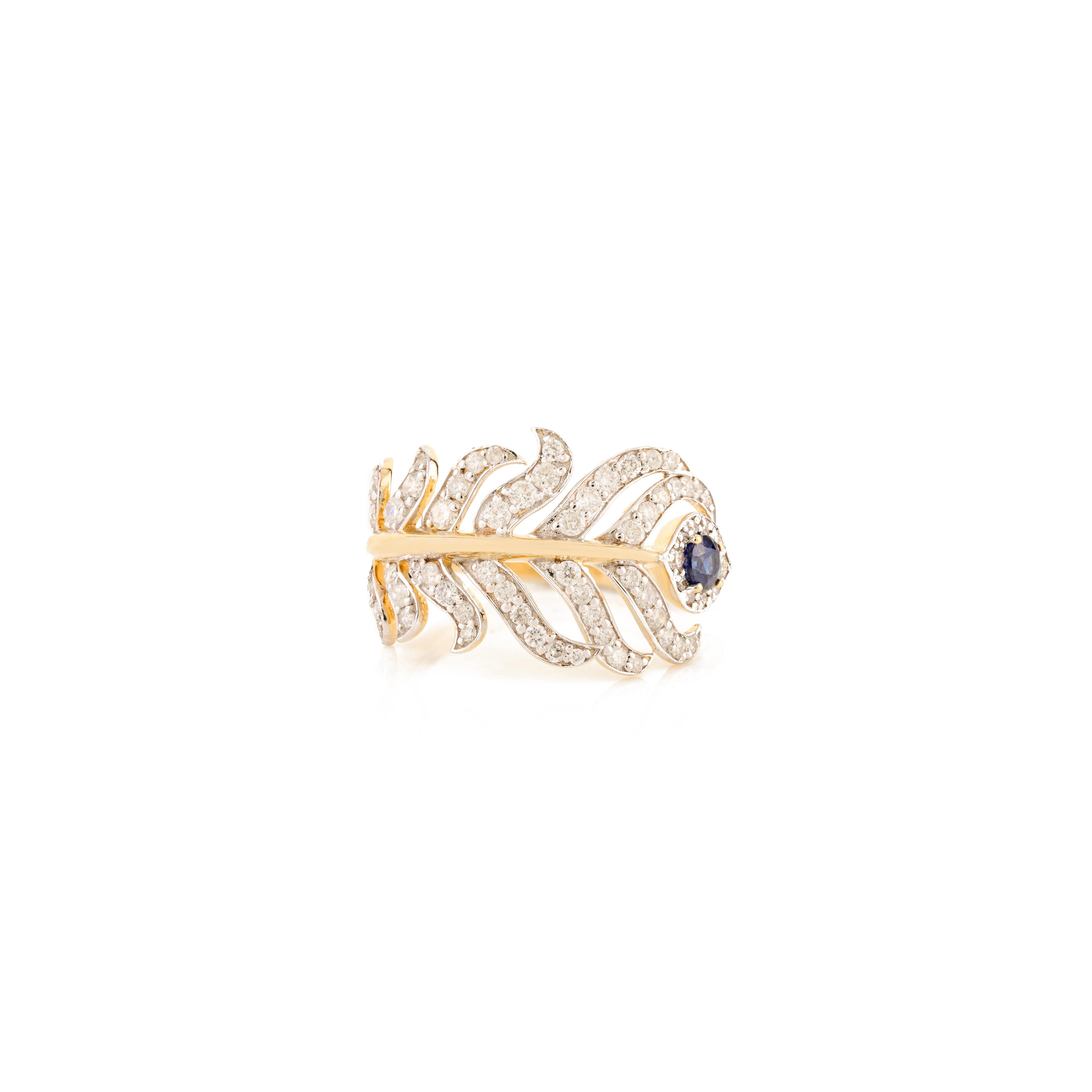 For Sale:  Pave Diamond Peacock Feather Open Ring with Sapphire in 18k Solid Yellow Gold 9