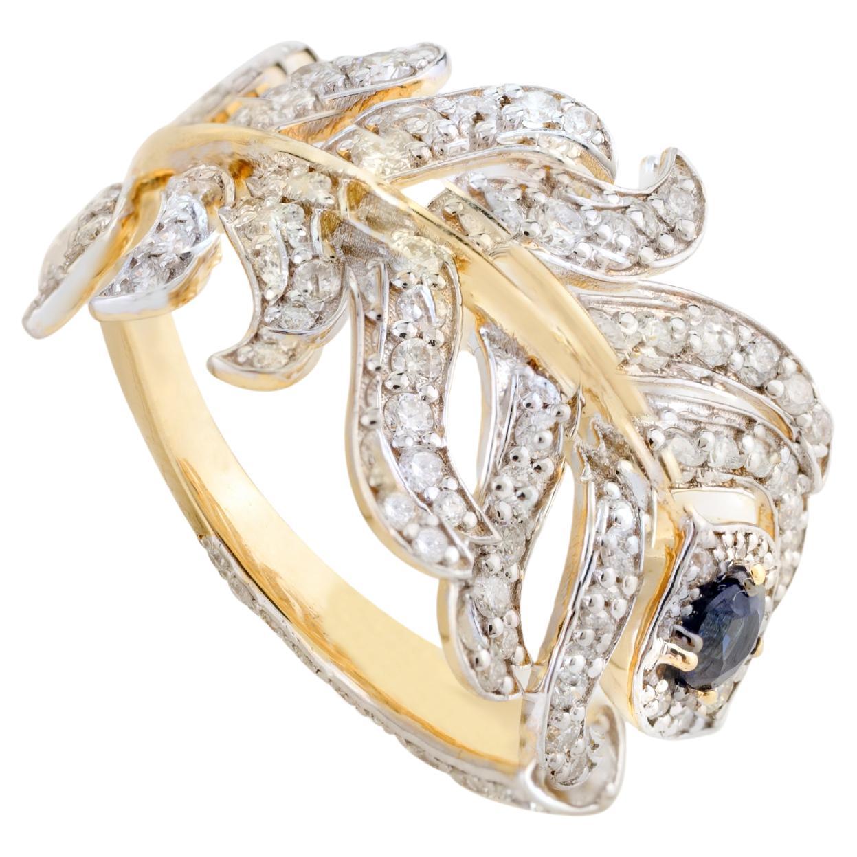 For Sale:  Pave Diamond Peacock Feather Open Ring with Sapphire in 18k Solid Yellow Gold