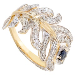 Pave Diamond Peacock Feather Open Ring mit Saphir in 18k massivem Gelbgold