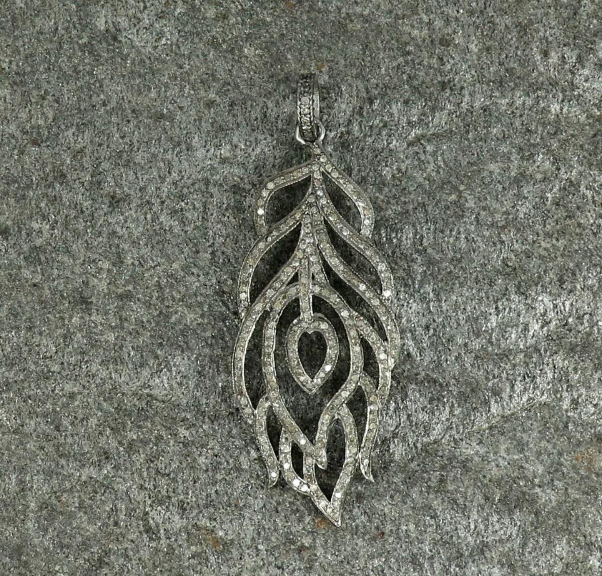 Art Deco Pave Diamond Peacock Feather Pendant 925 Silver Diamond Necklace For Christmas. For Sale
