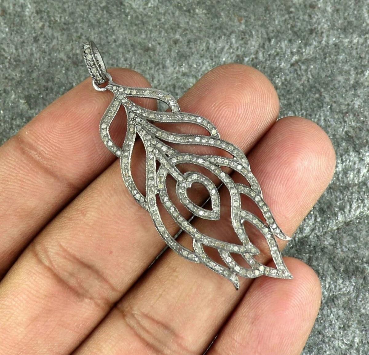 Round Cut Pave Diamond Peacock Feather Pendant 925 Silver Diamond Necklace For Christmas. For Sale