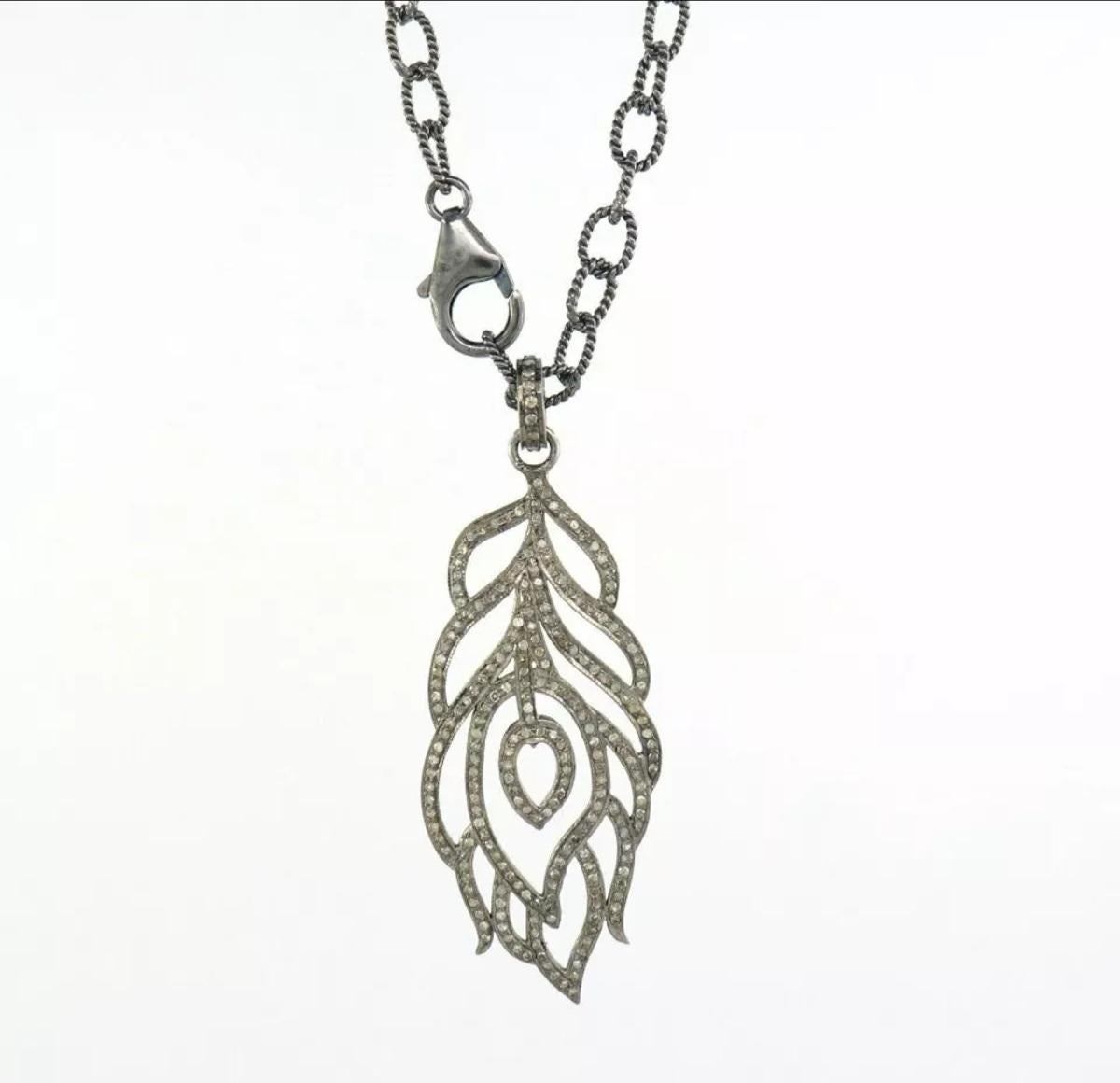 Pave Diamond Peacock Feather Pendant 925 Silver Diamond Necklace For Christmas. In New Condition For Sale In Chicago, IL