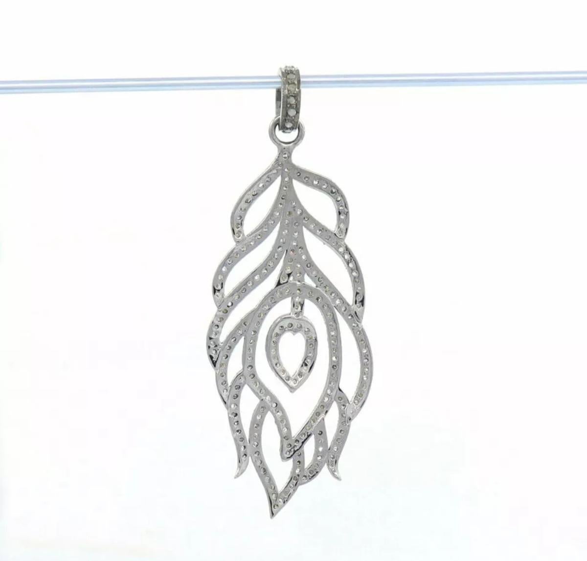 Women's or Men's Pave Diamond Peacock Feather Pendant 925 Silver Diamond Necklace For Christmas. For Sale