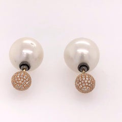 Pave Diamond & Pearl Bead Earrings Made In 18k Gold
