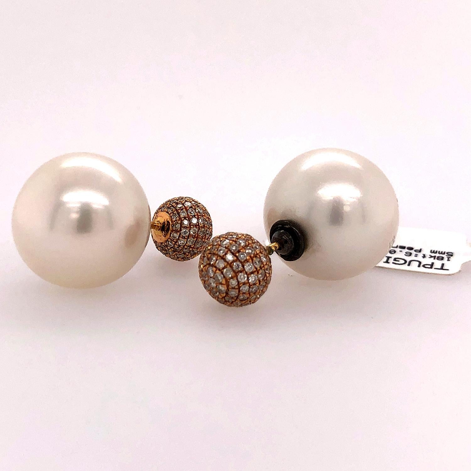 Art Deco Pave Diamond & Pearl Bead Earrings Made In 18k Gold For Sale