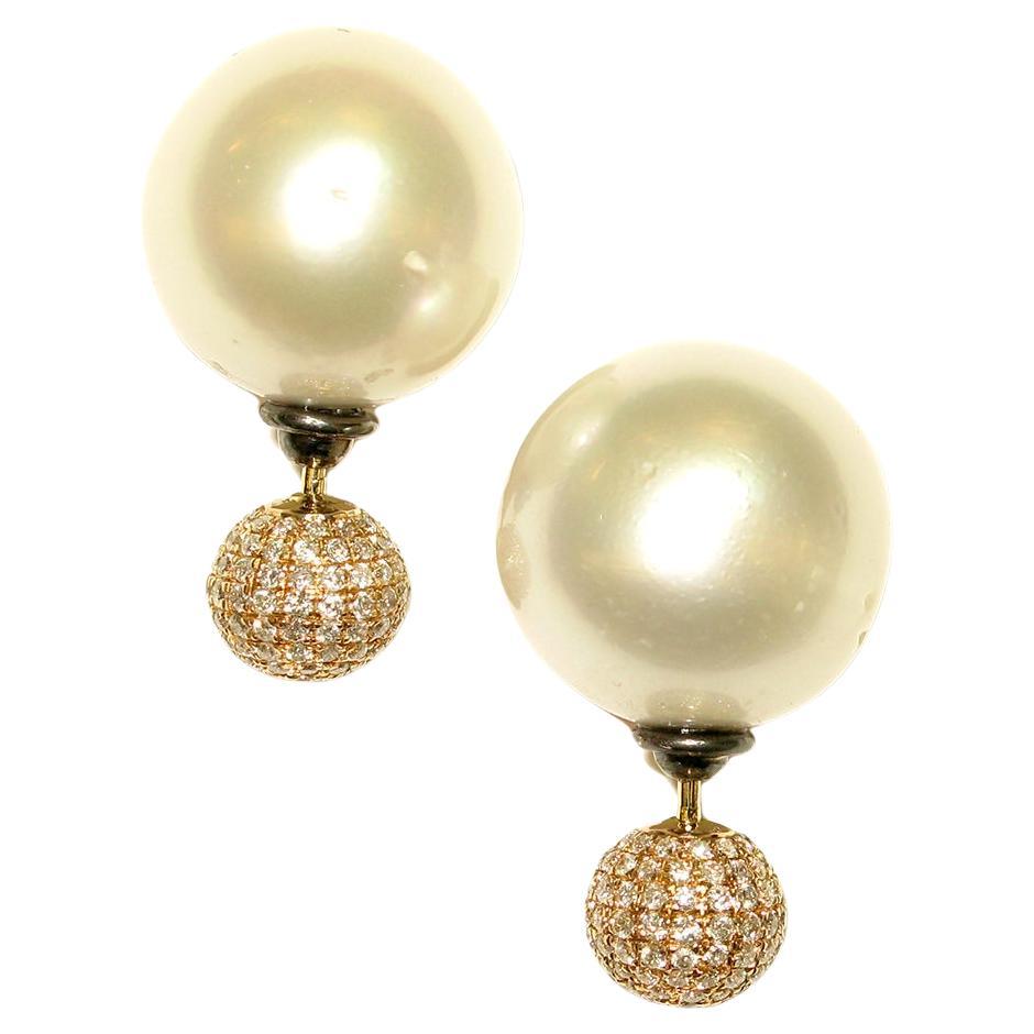 Pave Diamond & Pearl Bead Earrings Made In 18k Gold For Sale