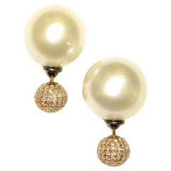 Pave Diamond & Pearl Bead Earrings Made In 18k Gold