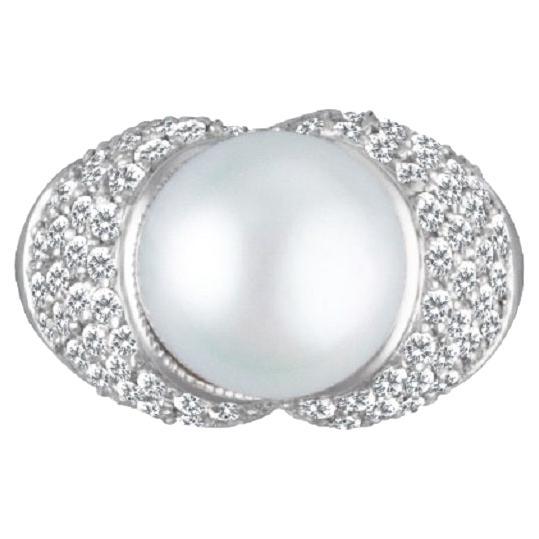 Pave Diamond & Pearl Ring in 14k White Gold, Pearl