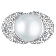 Vintage Pave Diamond & Pearl Ring in 14k White Gold, Pearl