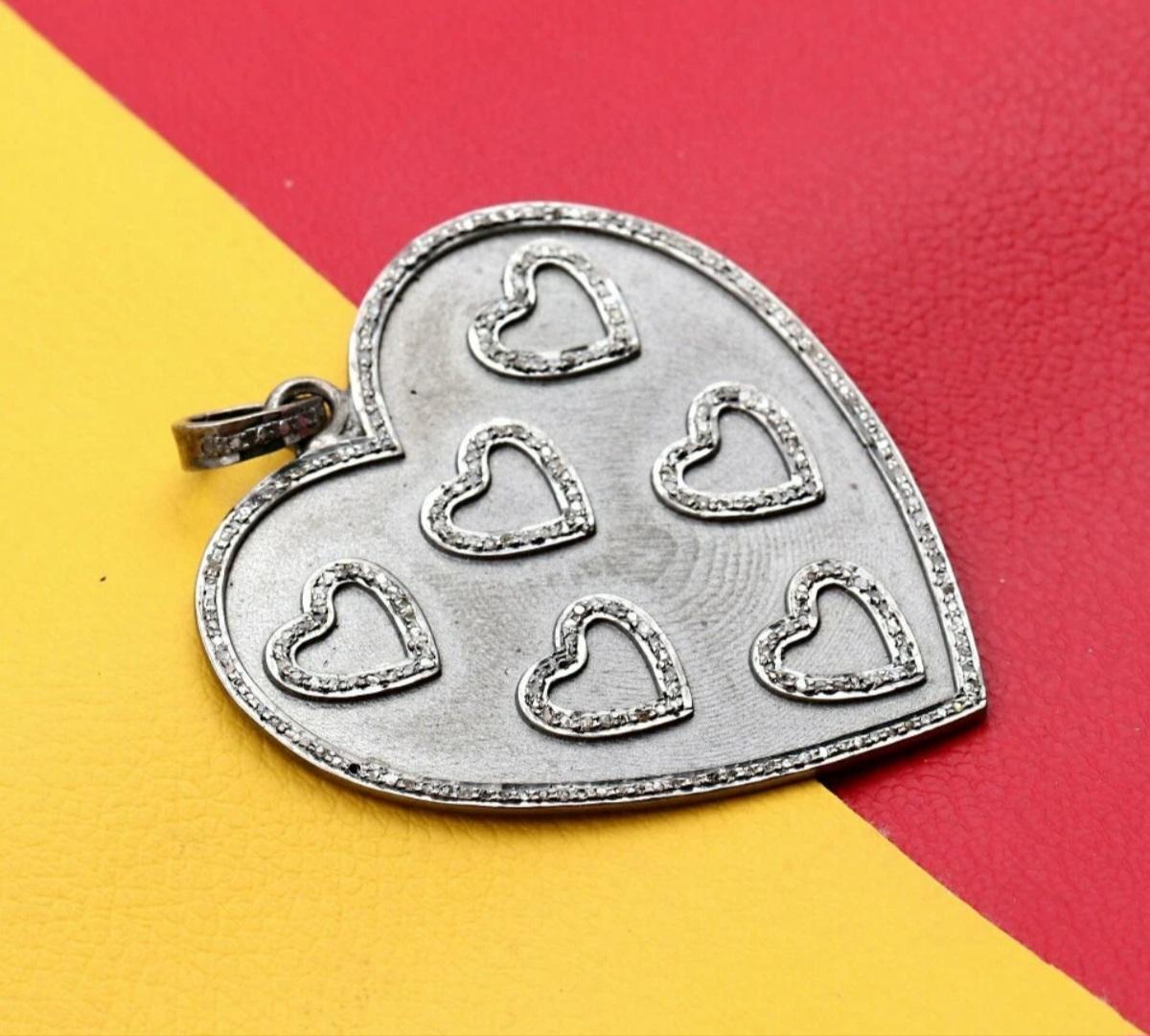 Pendentif diamant pavé pendentif coeur en argent 925 bicolore pendentif fait main cadeau. en vente 5